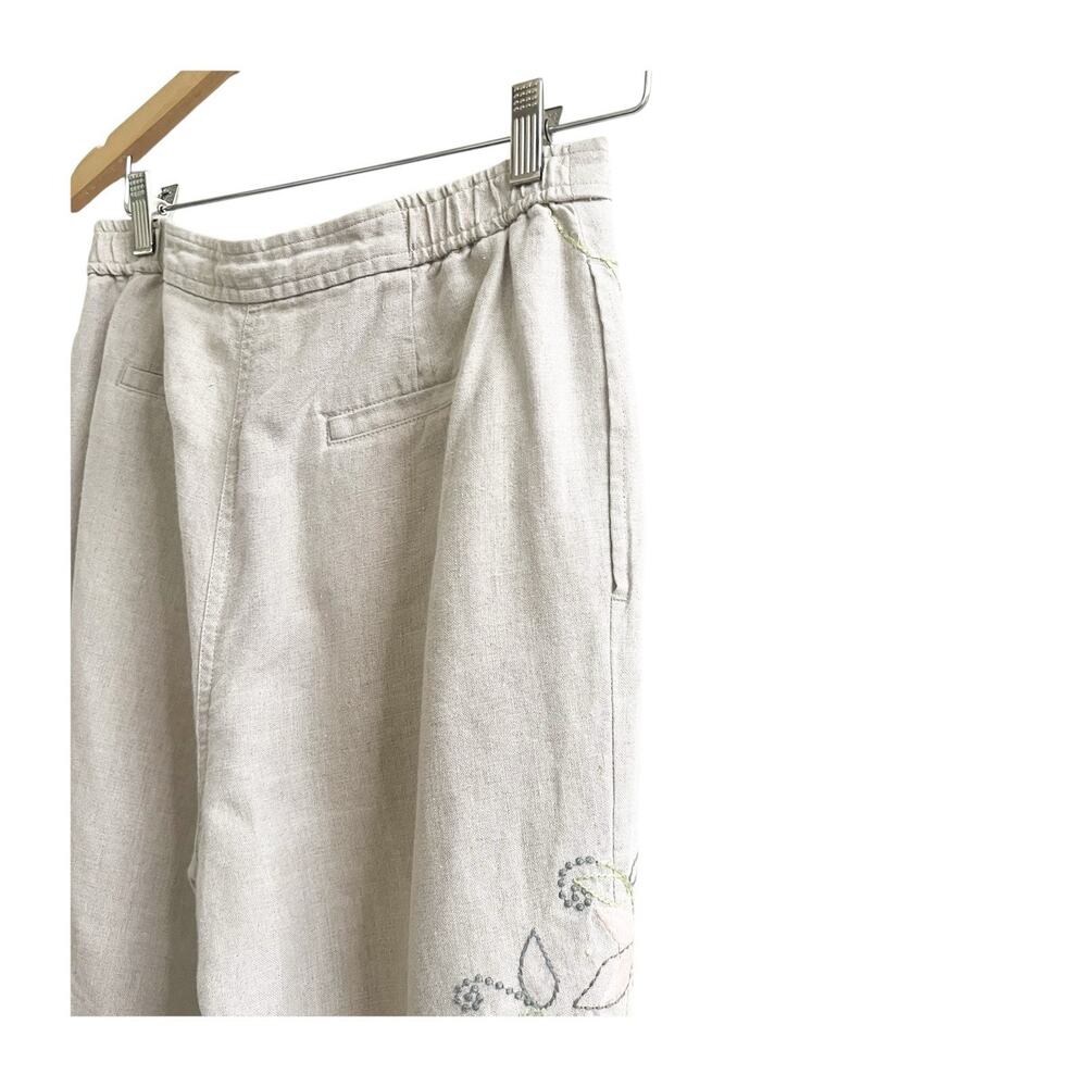 J. Jill Embroidered Floral Linen Wide Leg Pants Size 8 Petite Tan Pull On Beach - Picture 4 of 11